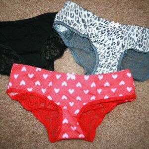 3 Victoria's Secret Ruched Lace Hiphugger Cotton Panties Small S Heart Leopard